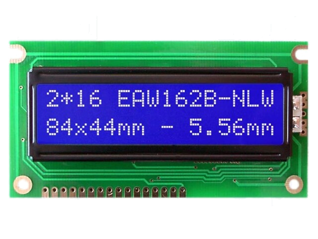 Display: LCD; alfanumeriek; STN Negative; 16x2; blauw; 84x44mm; LED Display: LCD; alfanumeriek; STN Negative; 16x2; blauw; 84x44mm; LED